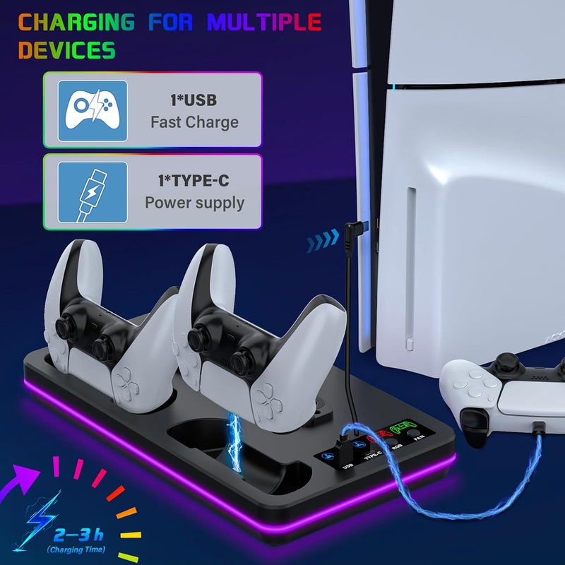 DBEPANK for PS5/PS5 Slim Stand and Cooling Station with Controller Charging Station for PlayStation 5 Slim&Standard Disc/Digital Console,10 LED Light for PS5 Cooler Accessories 3 Levels Cooling Fan, Black - Image 3